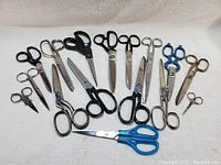 Top view of all 16 scissors showing various sizes and handle styles in mixed metal and plastic handles.