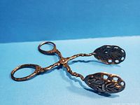 Full view of vintage silver plate sugar tongs showing ornate handles and floral cut-out grip ends