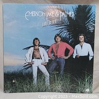 Front cover of Emerson, Lake & Palmer Love Beach album showing three band members standing outdoors with palm tree and sky background.
