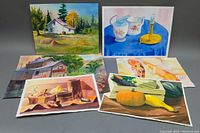 Group view of all six watercolor paintings by Joe Halajian showing different subject matters including rural house, porcelain items, farm buildings, fish and still life vegetables.
