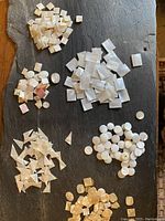 Overview of various mother of pearl shapes including small squares, rectangles, triangles, and round discs on dark background.