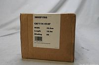 Box showing label with model 28DZF1T02, CAT 114 4147, width 43.2cm, length 15.2m, winding EO