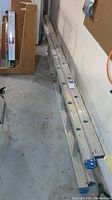 Full length view of aluminum extension ladder showing two sections and portion of basement floor and shelving nearby.