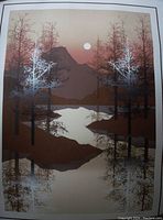 Frontal view of the silkscreen print showing the autumn landscape with water reflections, trees, mountains, and moon.