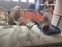 Various etched glassware including goblet, wine glasses, and margarita glasses displayed on counter.