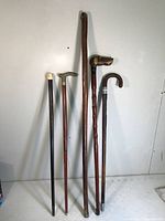 Five canes and walking sticks standing upright showing overall length and style variety