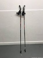 Pair of full-length Exel Nordic Walker walking poles placed side by side against a plain white wall, showing their length and tips.