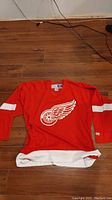 Front view of the red Detroit Red Wings hockey jersey with white winged wheel logo and white sleeve stripes and bottom hem.
