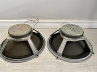 Pair of large 12 inch woofers with metal frames and wires visible, placed side by side on floor.