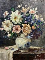 Full view of oil painting showing floral bouquet in ceramic vase on table with dark background.
