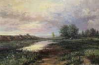 Full view of the textured landscape oil painting showing trees, water, and sky.