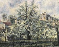 Full view of the signed oil painting showing plum trees in bloom with buildings in the background.