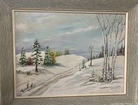 Full view of the signed original oil painting "Winter in the Colborne District" by Florence Yocom Anderson showing the winter landscape and frame.