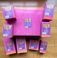 Photo of nine original boxed Enesco Disney The Hunchback of Notre Dame figurines arranged on a wood floor, boxes are purple with orange-yellow trim and barcode stickers on the back.