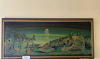 Full view of the framed painting showing the composition of the fountain, staircases, trees, and figures under ambient light