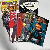 Photo showing multiple vintage comic books including Batman Black and White trade paperback, ThunderCats Revenge trade paperback, 4 Battle Chasers comics, Captain Power comic, and 3 Marvel comics.
