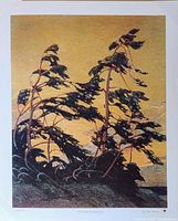 Print of stylized trees at sunset with artist signature and number 42/700 shown in image.
