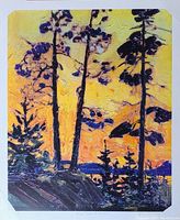 Close up view of print showing pine tree silhouette against sunset sky with vivid yellow, orange and dark colors and visible brush strokes.