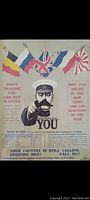 Framed WWI recruitment poster showing Lord Kitchener and multiple national flags with enlistment text.