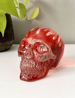 Front view of the red lucite skull sculpture on white surface with plant in background.