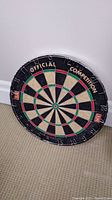 Dartboard in full view, showing the official competition text and overall condition.