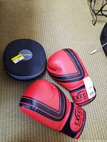 Red boxing gloves with black detailing placed on carpet, accompanied by a round black practice pad labeled OZONE.
