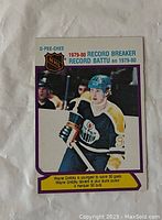 Front photo of 1980 O-Pee-Chee hockey card featuring Wayne Gretzky in Edmonton Oilers uniform, card number 3, with caption about his 1979-80 record.