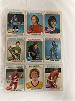 Front view of nine hockey cards from 1975-76 O-Pee-Chee series featuring players from various NHL teams.