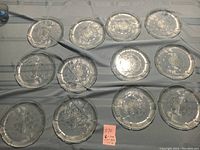 12 clear glass plates laid out on fabric, showing overall quantity and pattern detail