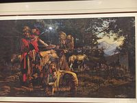 Close-up of the lithograph artwork showing three Native American figures aiming rifles in a wooded landscape with horses and mountains.