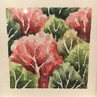 Close-up photo of the mini watercolor artwork showing detailed fall leaf pattern in red and green tones.