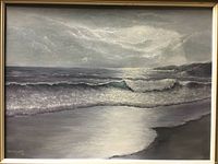 Front view of framed original oil painting depicting a seascape, signed M. F. Clarke '65.