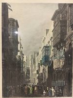 Close-up of the lithograph showing the street scene with detailed architecture and figures.