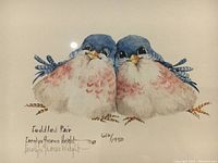 Close-up photo of the lithograph titled "Cuddled Pair" by Carolyn Shores Wright, showing the signature and numbering 616/1950.