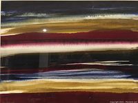 Close-up image showing detail of colorful abstract horizontal stripes and Gail Nesimink signature in bottom left corner.