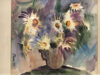 Close-up of the watercolor painting showing floral details and artist signature on the lower left.