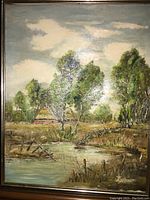 Close-up view of the painting showing the signature 'Zoellmer' in the lower right corner and details of the pastoral scene with trees, water, and house.