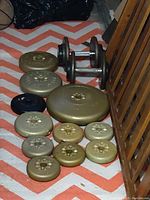 Metal weight plates and adjustable dumbbells arranged on patterned floor