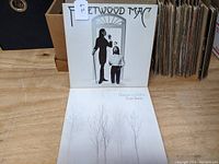 Two vintage Fleetwood Mac vinyl LP albums with original cover art, 'Fleetwood Mac' and 'Bare Trees'. Album cover for 'Fleetwood Mac' shows two men, one standing with cane, one sitting, black and white image. 'Bare Trees' cover shows minimalist bare tree branches in white background.