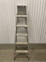 Full front view of the aluminum step ladder placed against a wall.