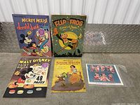 Full view of all five Disney ephemera items including two coloring books, paint book, storybook, and a sleeve with images.