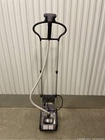 Full view of Rowenta garment steamer showing the handle, hose, and base unit with controls.
