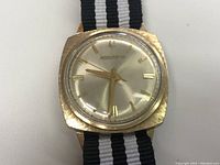 Close-up front view showing silver dial with gold-tone hour markers and hands on 10kt gold filled case with black and white nylon strap.