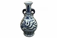 Front view of large blue and white ceramic vase showing bird and floral design with handles.