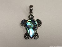 Front view of a vintage sterling silver turtle pendant with a teardrop-shaped iridescent mother of pearl shell inlay on its back.