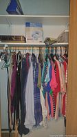 Closet view showing hanging women's clothing items including tops, shirts, and blouses various colors and patterns