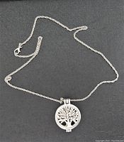 Full view of the pendant and chain laid on a dark surface showing overall design and chain length.