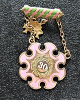Front view of gold plated Freemason type medal with pink enamel and central '30' emblem.