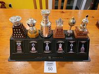 Front view of the 2003 McDonald's NHL Stanley Cup mini trophy collection on display stand, showing all five trophies labeled with their respective names.