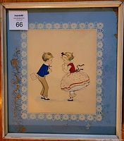 Full photo of framed artwork showing the young boy and girl with two layered matting and blue painted border with bubbles.